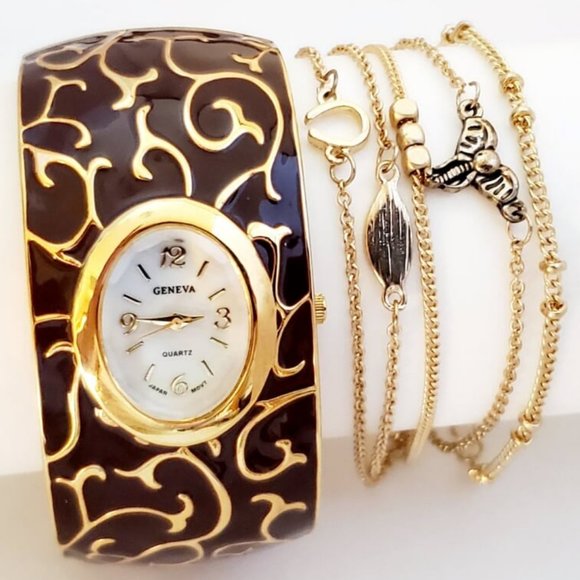 Ladies Geneva Cuff Watch and 5 Charm Bracelets. - Picture 1 of 6